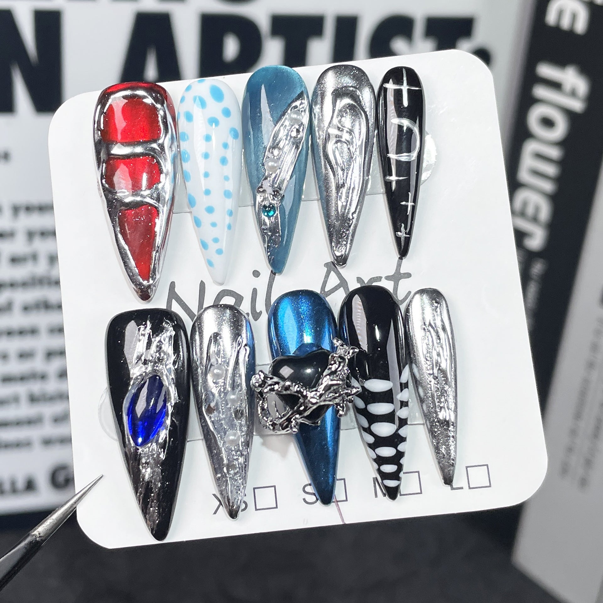 Uñas postizas largas y puntiagudas hechas a mano, con un dulce y genial diseño de Spice Girls, con relieve de metal, al por mayor | 365nails