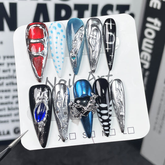Long-pointed Handmade press on nails sweet cool Spice Girls Heavy Industry metal relief long nail patch fake nail wholesale｜365nails