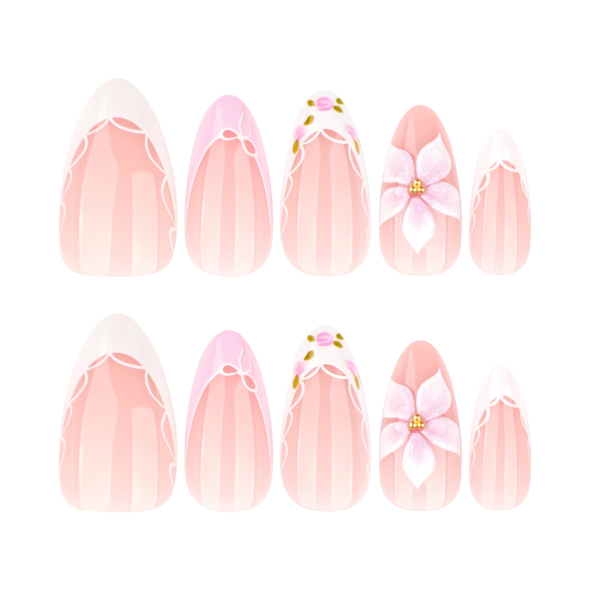 365nails: "Pink Floral Lace French Oval" – Delicate Press-on Nails