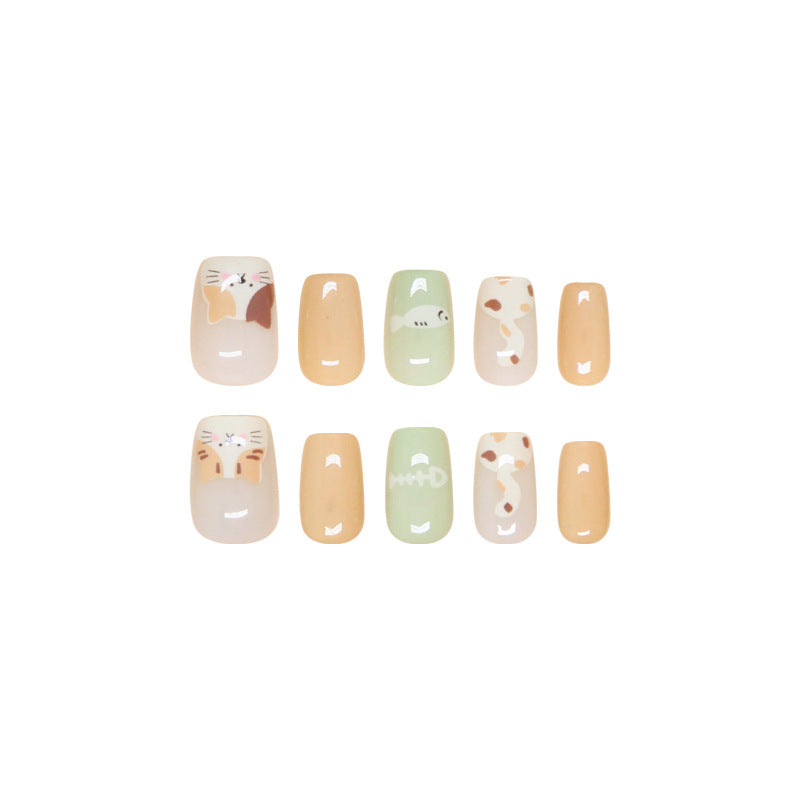 Nail Tips  prefabricated nail, press on nails, cute cat fish removable nail piece cartoon solid color short T nail patch ｜365nails