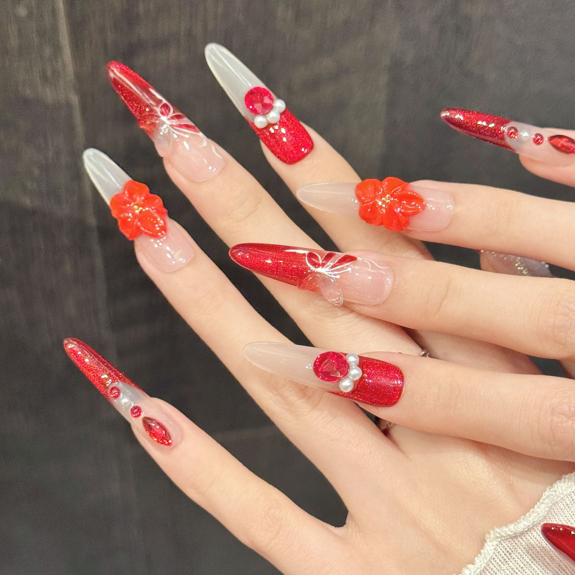Red Floral Glitter Pearl Accent Elegant Press On Nails