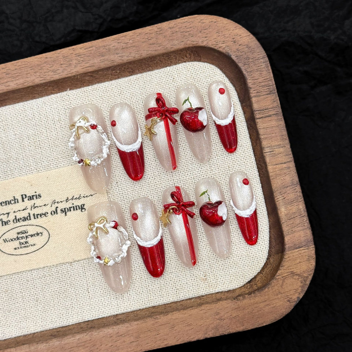 Red Ribbon Cherry Pearl Holiday Nails – 365nails