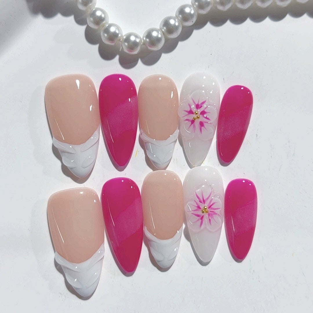 365nails-Pink Daisy: "Floral French" – Almond Shape Handmade Pressed-On Nails