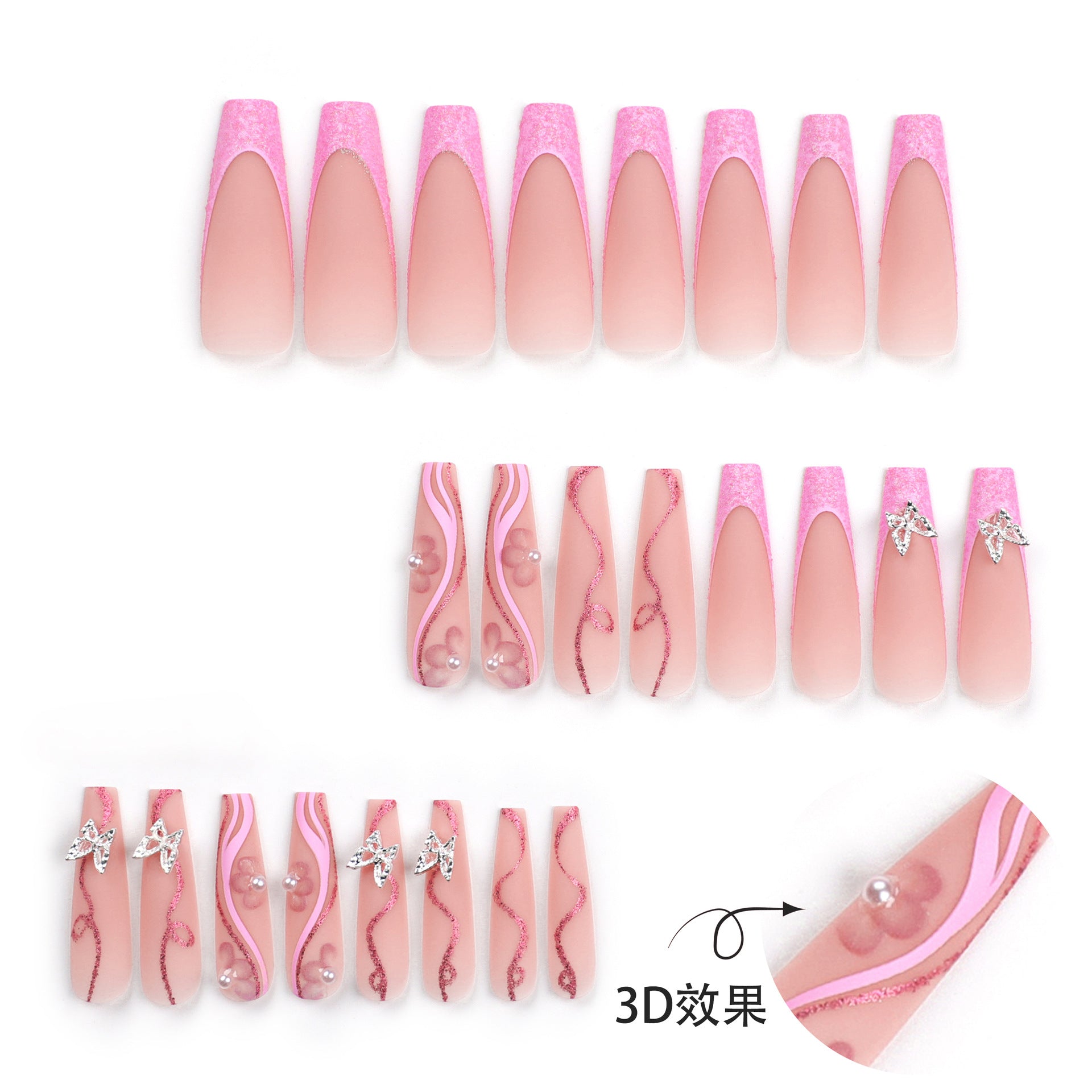 365nails: "Pink Butterfly French Coffin" – 3D Butterfly & Pearl Accent Press-on Nails