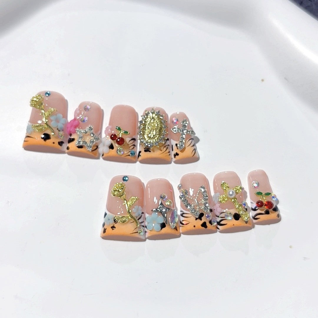 Gothic Y2K: "Leopard & Charm" – Square Press-On Nails