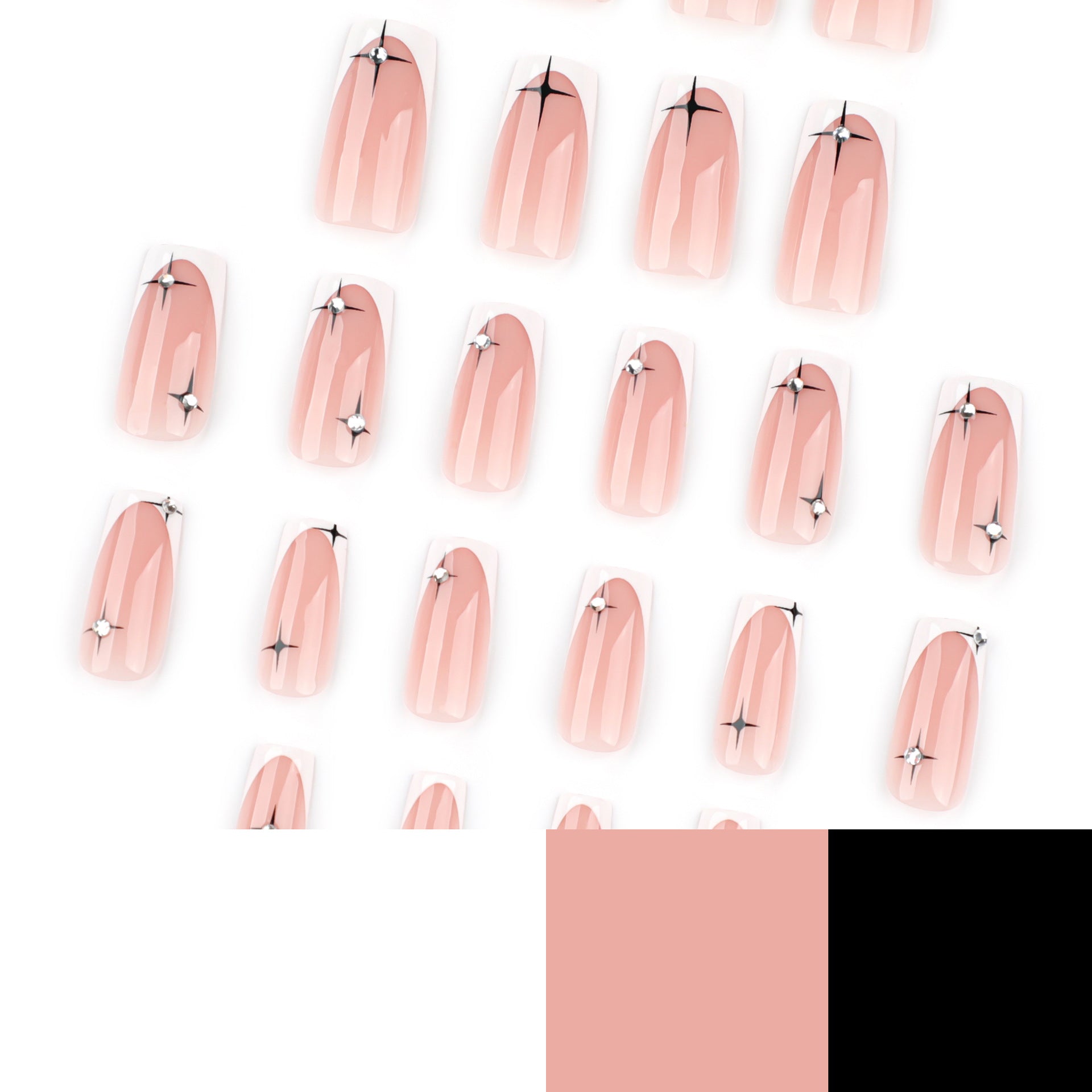 Medium length French white black star square press-on nails