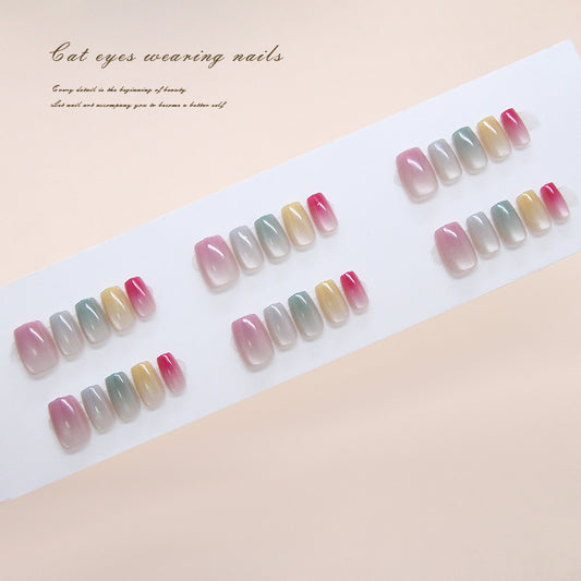 Nail Tips Press On Nails Cat Eye Rainbow Korean Cute Dopamine Girl Feeling Ins Style Removable Manicure 30pcs