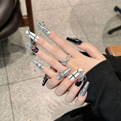 Uñas postizas estilo punk gótico, negras, largas, de alta gama, hechas a mano, dulces y frescas, blancas, para chicas millennials | 365nails