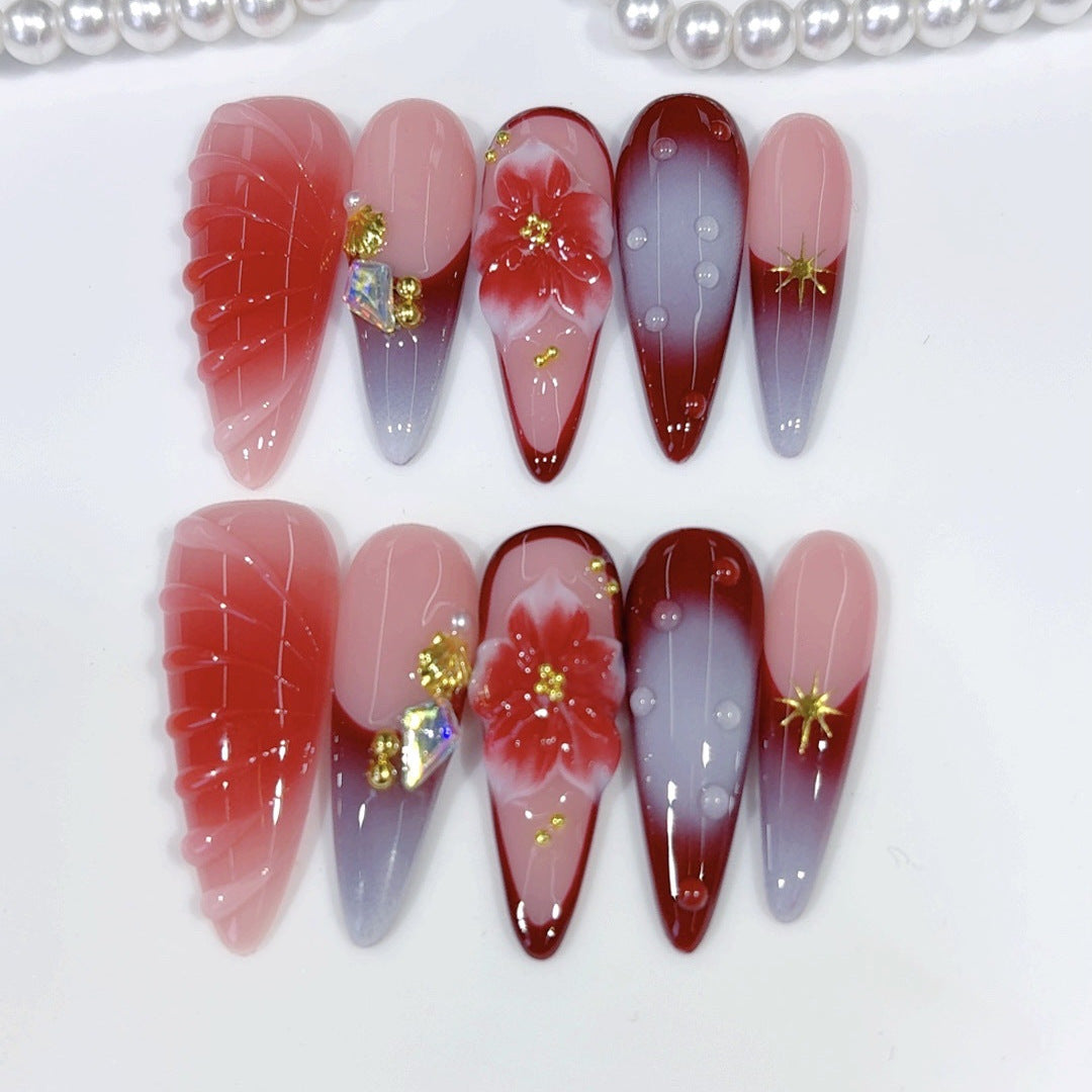 Crimson Bloom: "Red Petal" – Unhas Postiças Longas Amendoadas Feitas à Mão