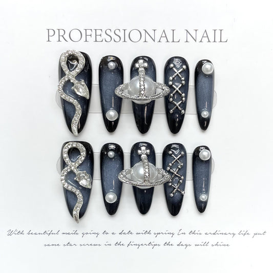 Handmade Wear Jiaxi Empress Dowager Snake Metal Spice Girl Long Nail Art  Cyberpunk | 365nails