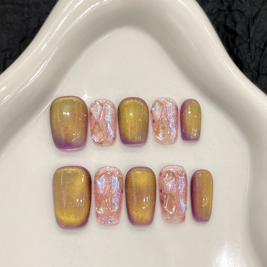 365nails: "Amber Twilight" – Iridescent Cat Eye & Shell Art Handmade Square Nails