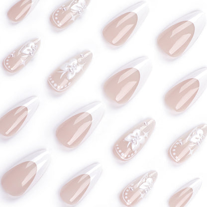 3D bow press-on nails white French manicure Internet celebrity  pure desire Xingmang press-on nails finished product wholesale｜365nails