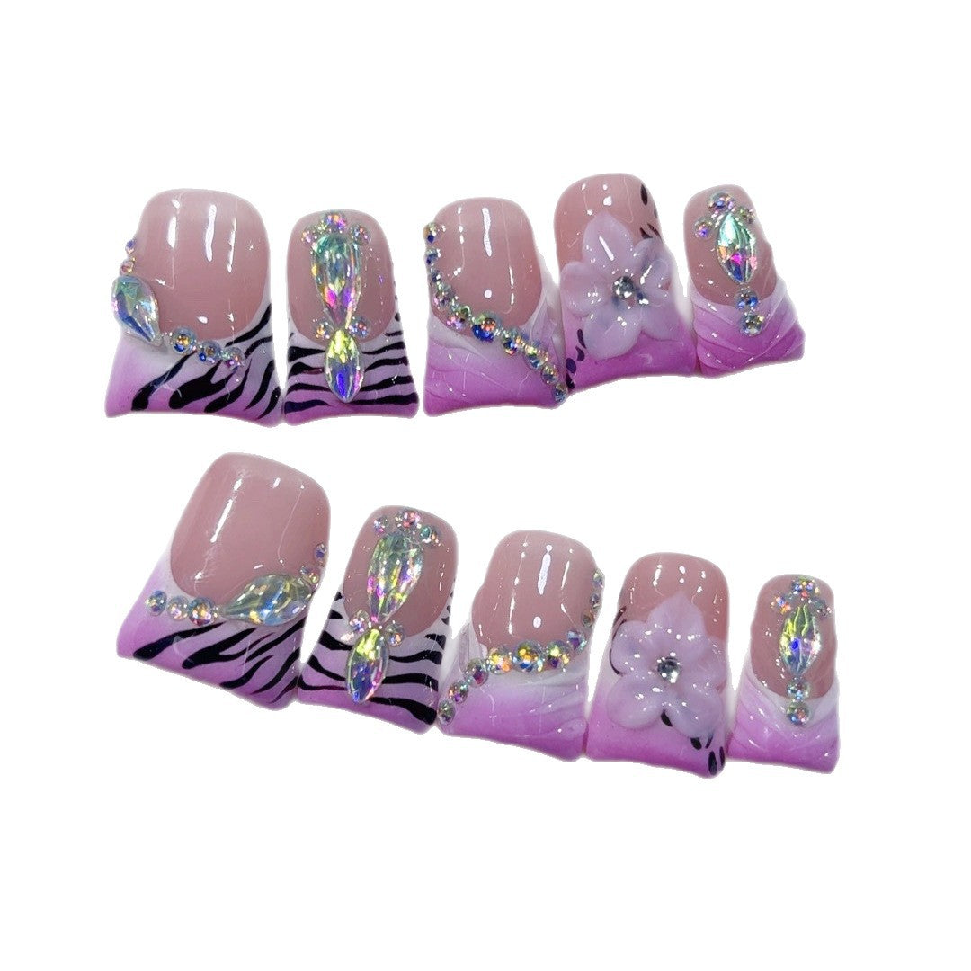365nails: "紫色斑馬魅" – 短款 方形 粉紫漸層 斑馬紋 手工製 穿戴甲