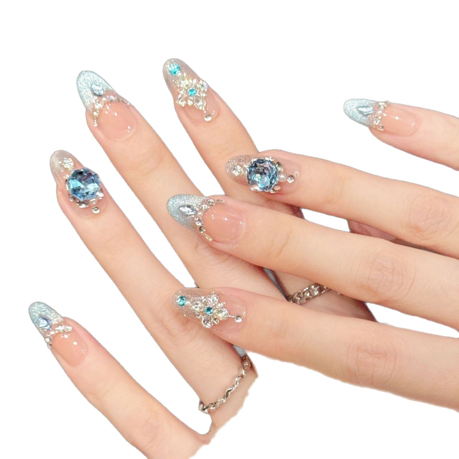 Icy Blue Crystal Gradient French Press On Nails