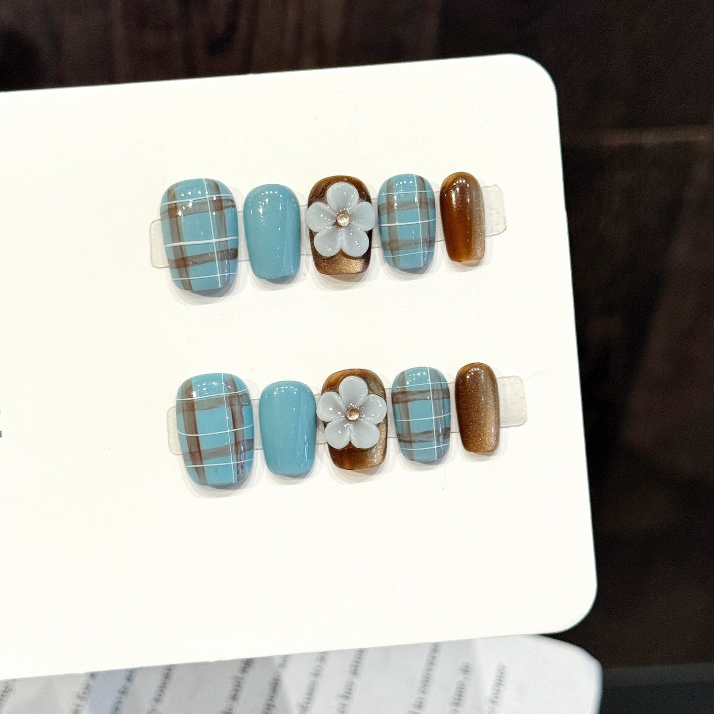 Blue Plaid Flower Accent Press On Nails