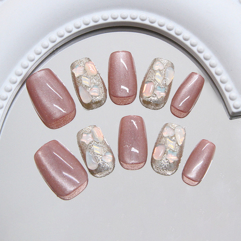 Dicas de unhas, unhas pré-fabricadas, chá gelado, champanhe espumante, diamantes quebrados, diamantes olho de gato, unhas removíveis e usáveis, 30 peças ｜ 365 unhas