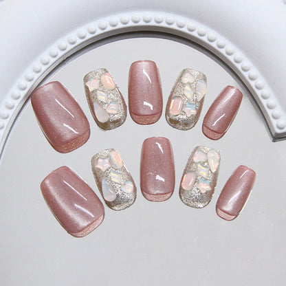 Dicas de unhas, unhas pré-fabricadas, chá gelado, champanhe espumante, diamantes quebrados, diamantes olho de gato, unhas removíveis e usáveis, 30 peças ｜ 365 unhas