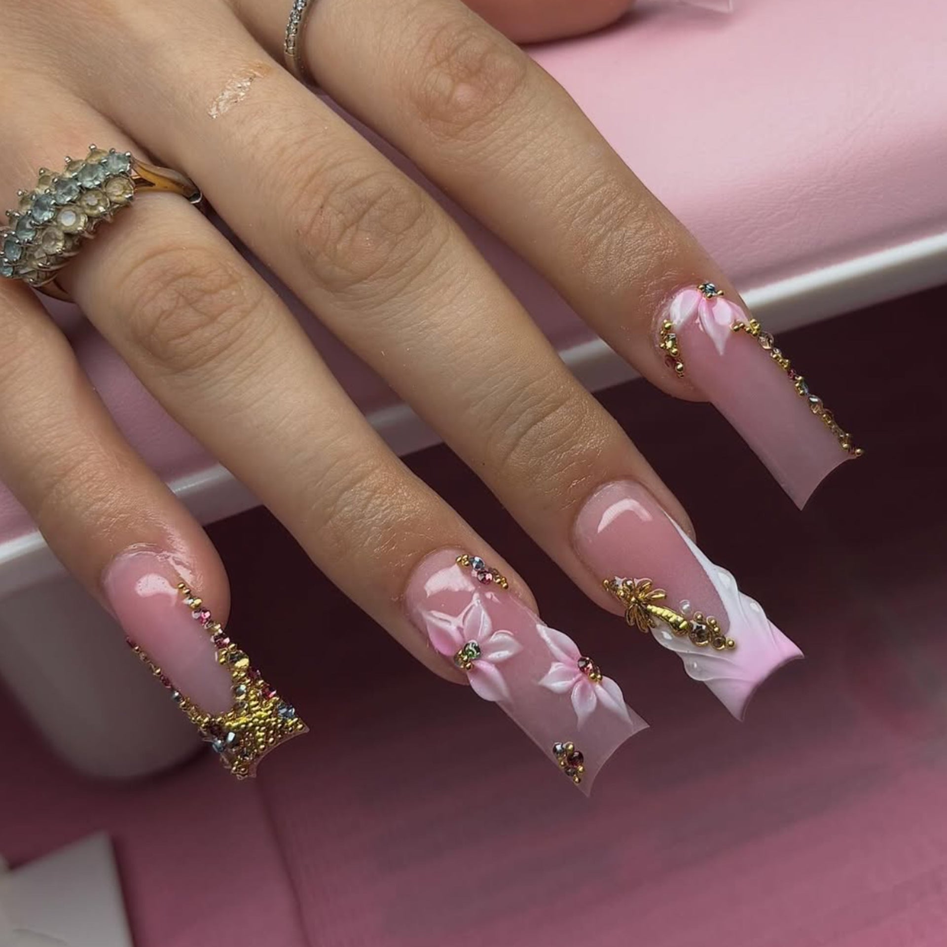 365nails: "Pink 3D Flower with Gold and Rhinestone Accents Square" – Luxury Press-on Nails