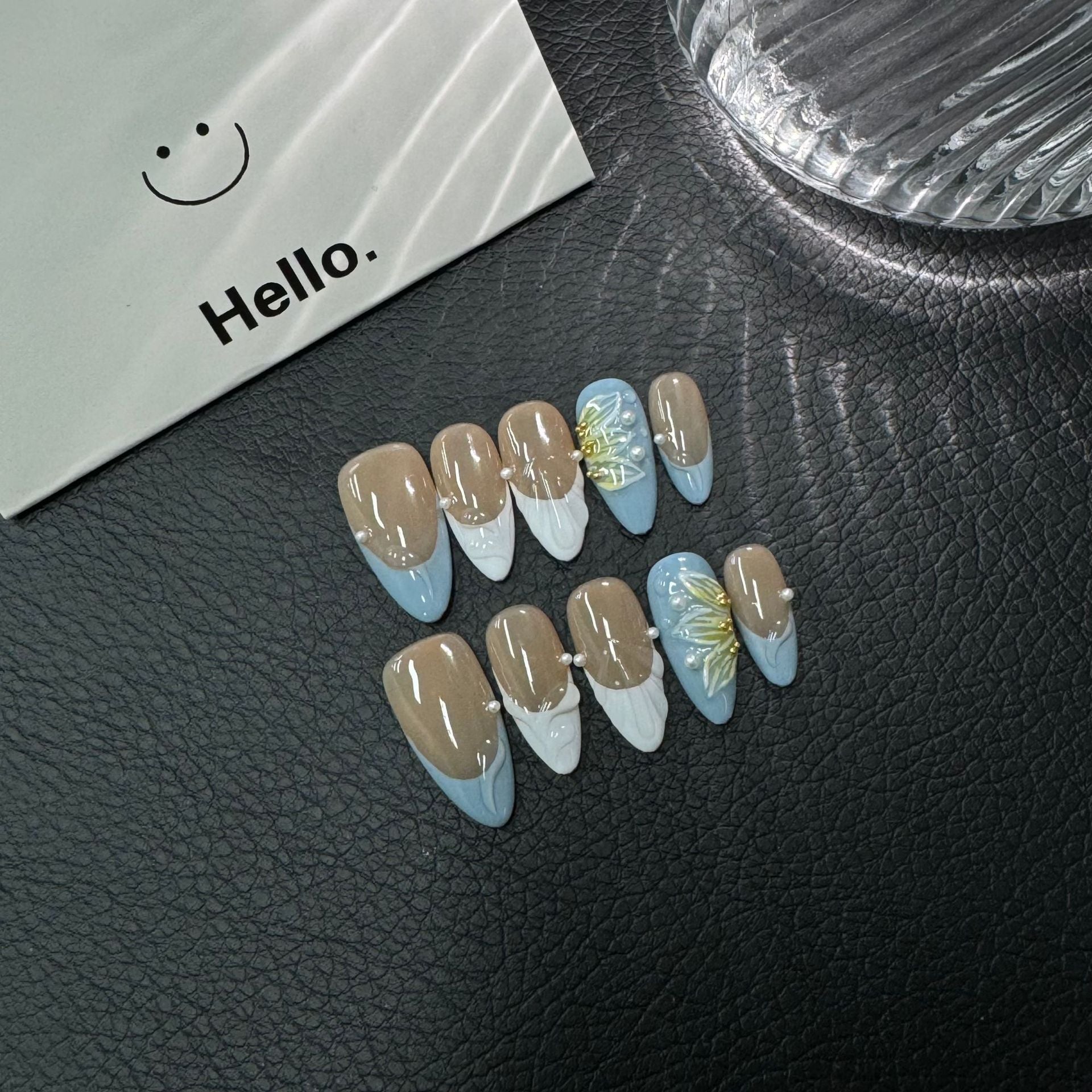 365nails: "Blue Macchiato" – Handmade Marble & Gold Leaf Square Nails