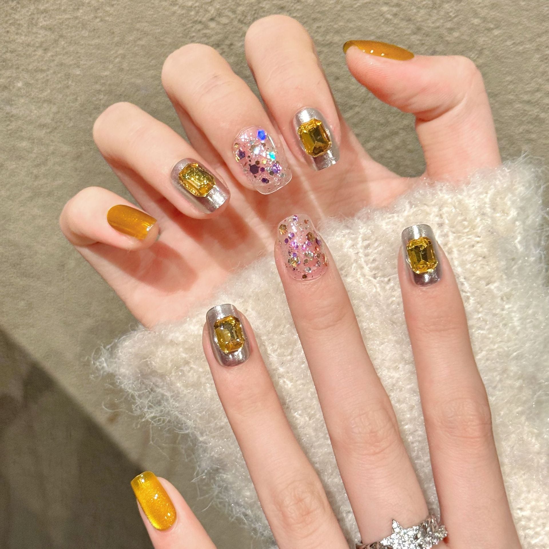Yellow Crystal Glitter Silver Fresh Bright Press On Nails