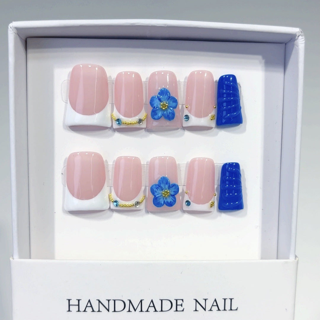 Coastal Bloom: "Cobalt Blue Flower" – Square Shape Handmade Press-On Nails