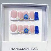 Coastal Bloom: "Cobalt Blue Flower" – Square Shape Handmade Press-On Nails