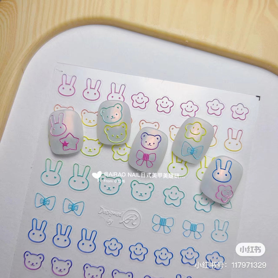 Holographic Pink Bunny Nail Stickers – 5D Embossed Cute Animal Set
