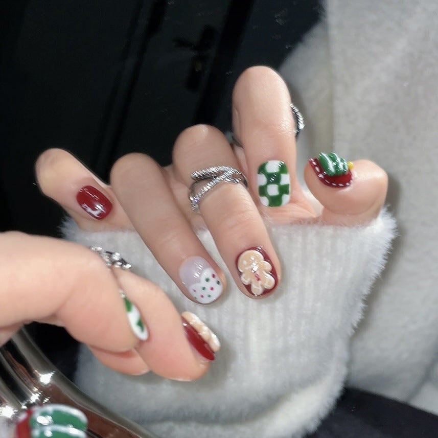 Cute Christmas Press‑On Nails – Snowman, Tree & Gingerbread Design