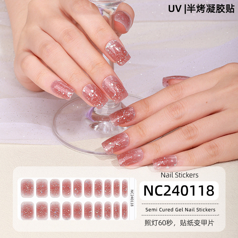 Semi-Cured Gel Nail Strips French Glitter Pink Sparkle Glossy Set (MOQ=3)