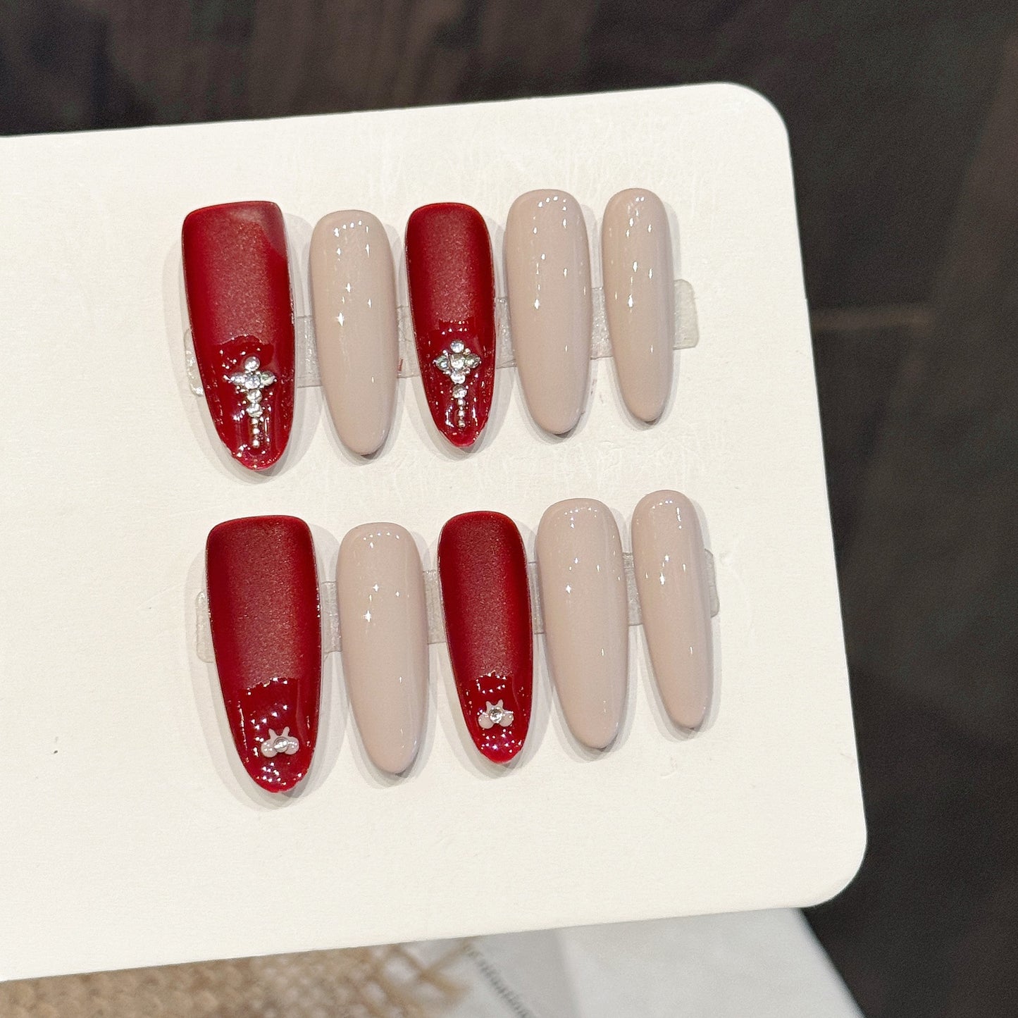 Velvet Red Nude Minimal Crystal Press On Nails