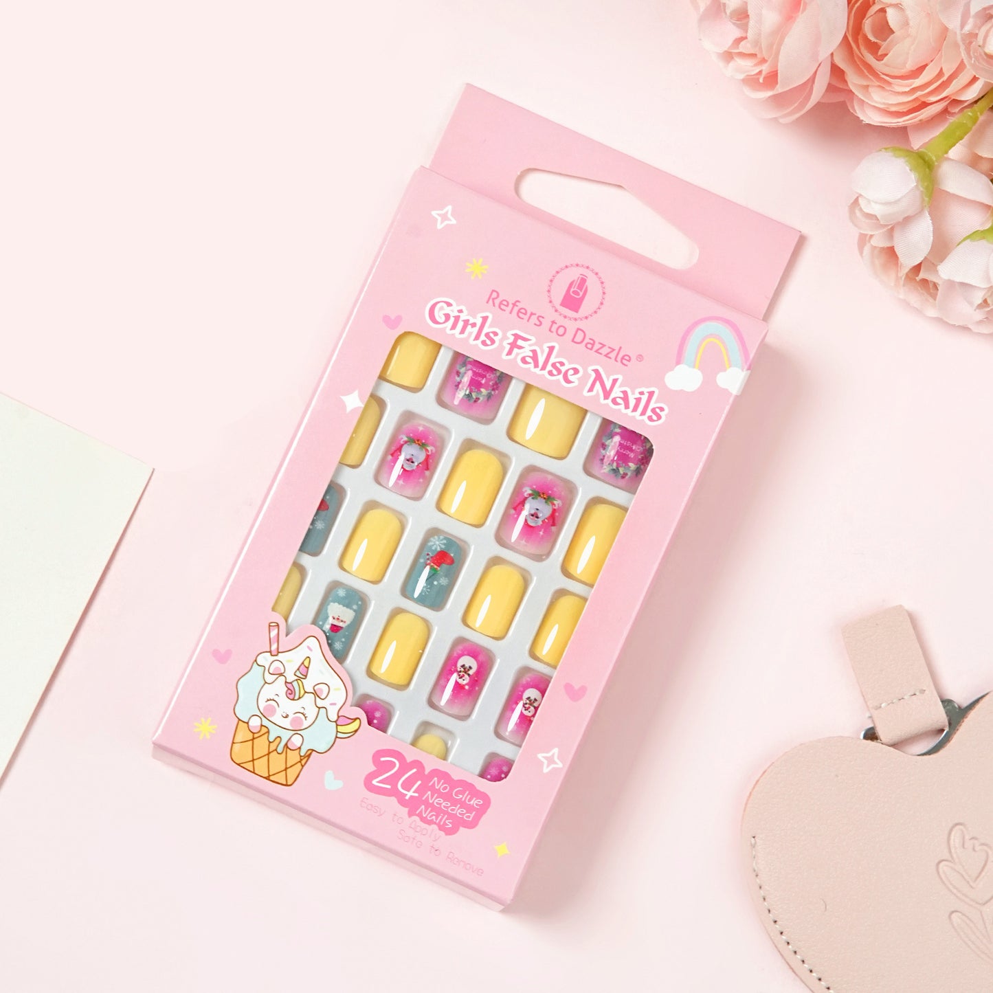 Kids press-on nails Christmas square head manicure Christmas decoration 24 pieces