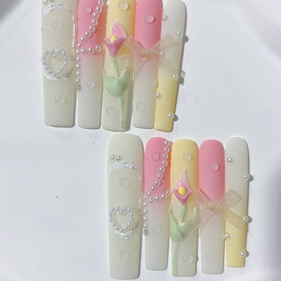Pastel Pearl Bow Floral Press On Nail Set