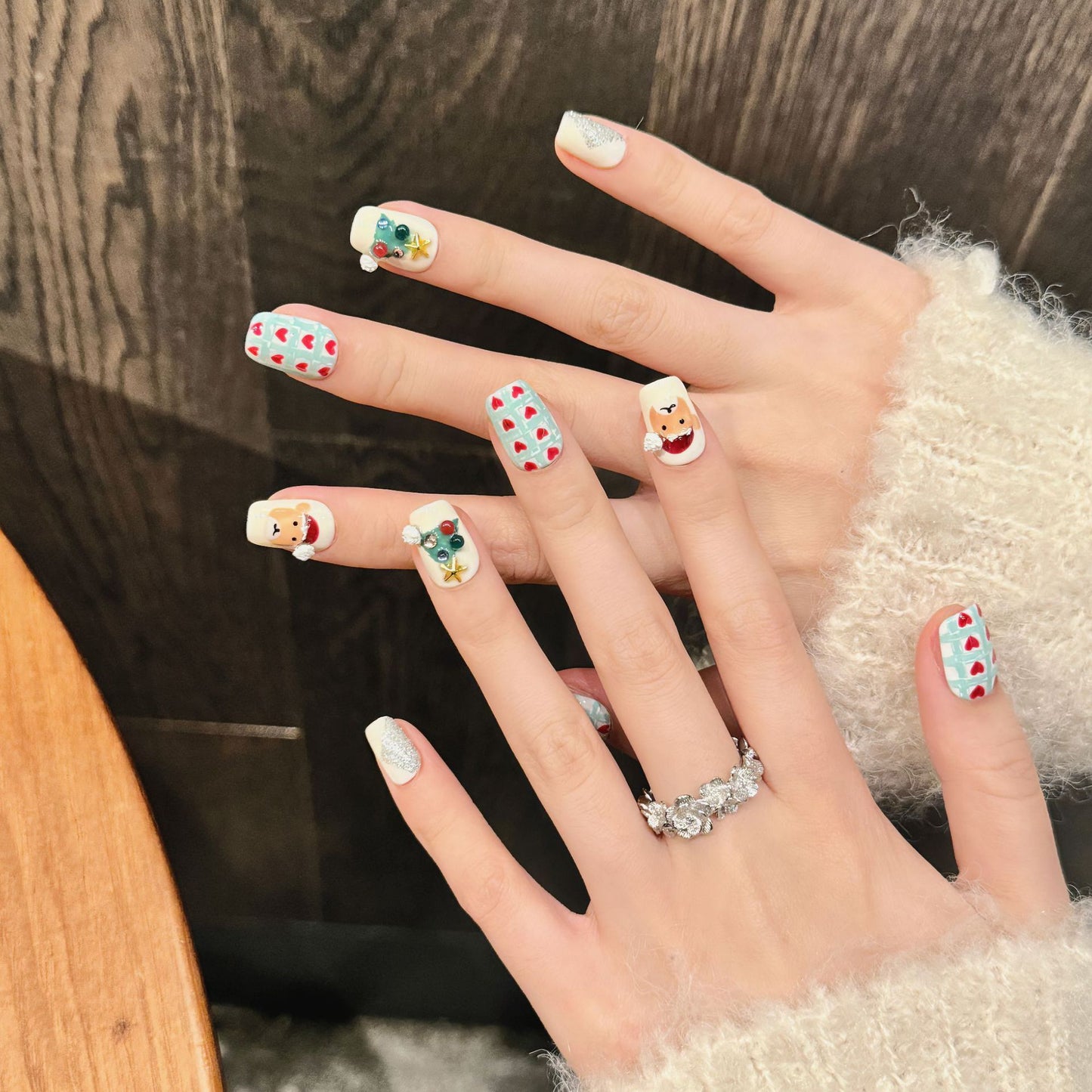 Plaid Heart & Santa Christmas Press‑On Nails – Mint Green and Red Short Design