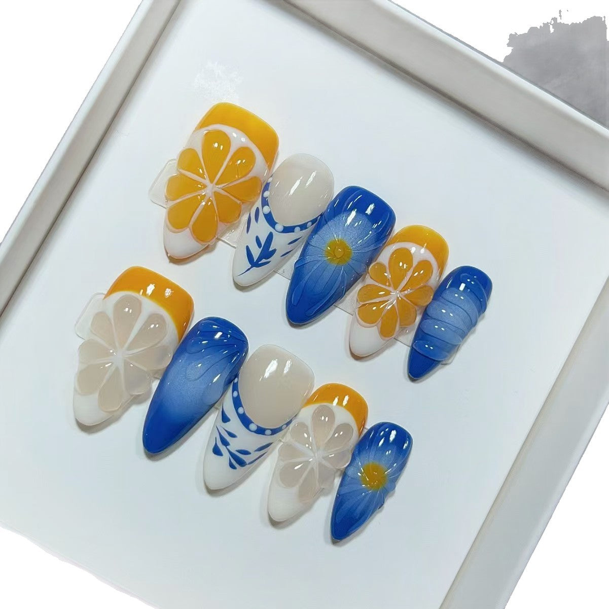 365nails: "Ocean Citrus" – 3D Slice Handmade Almond Nails