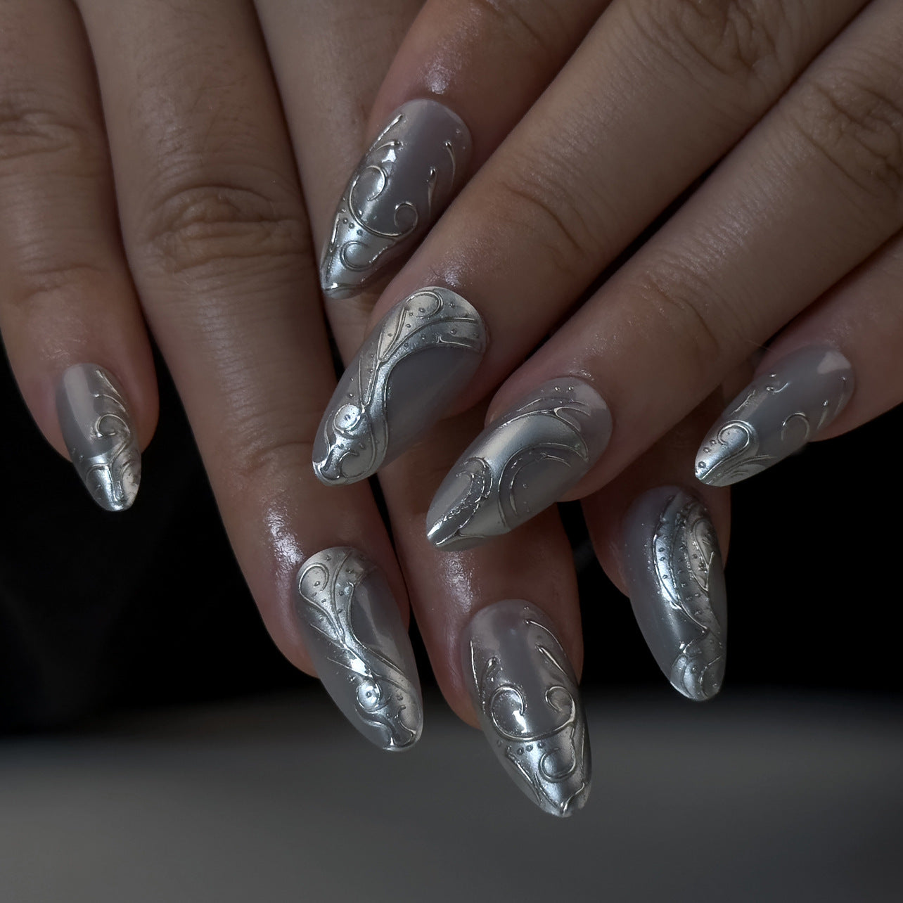 Gothic Cool Spicy Silver 3D Stereoscopic Short Almond press-on nails