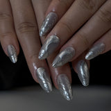 Gothic Cool Spicy Silver 3D Stereoscopic Short Almond press-on nails