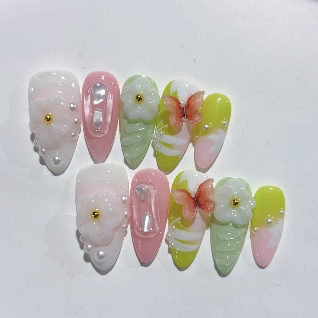 365nails-春日花園：「可愛花卉蝴蝶」 – 杏仁形 手工製 3D 雕刻 穿戴甲