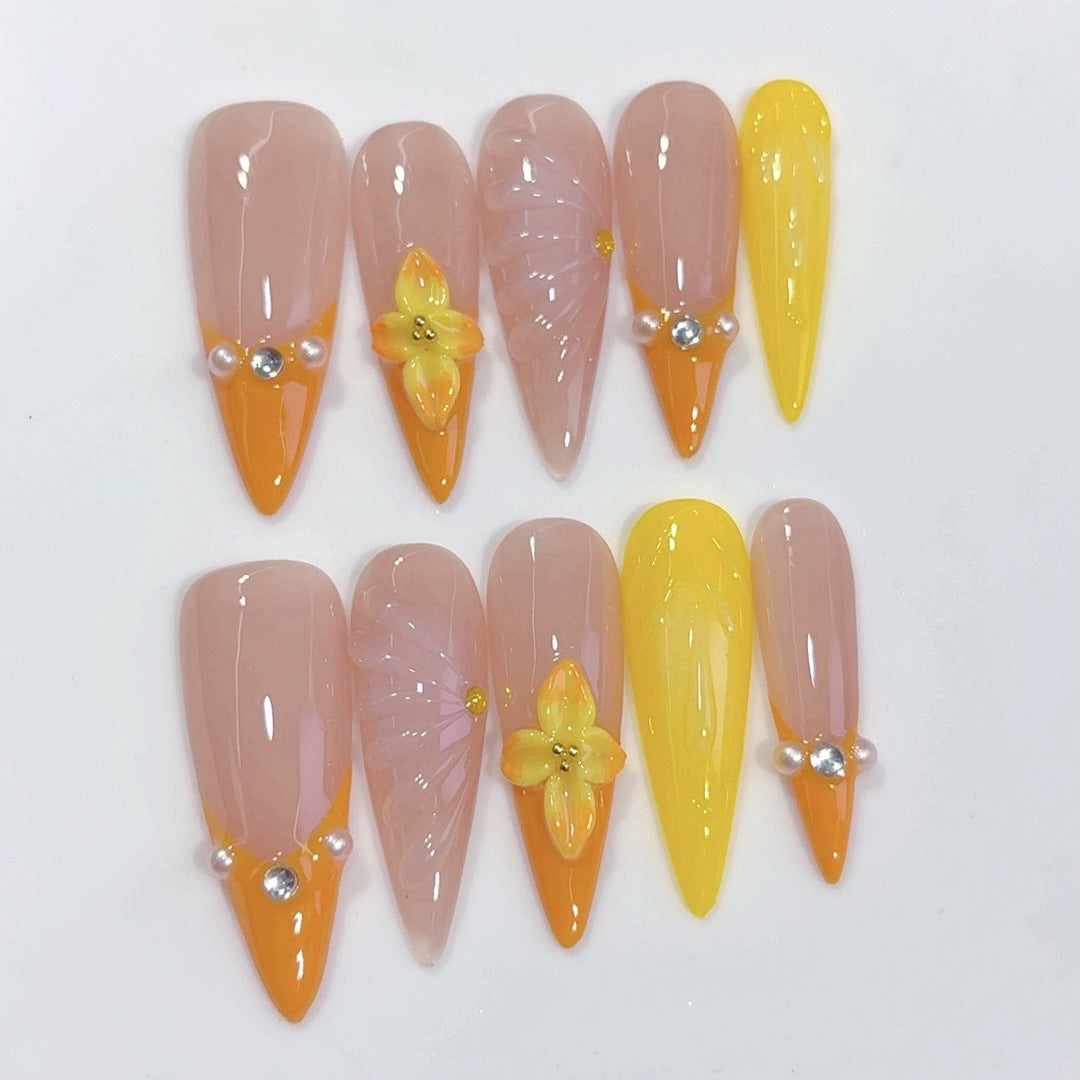 Sunset Bloom: "Aurora Flower" – Unhas Postiças Longas Almond