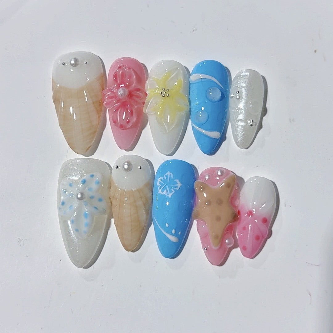 365nails-Ocean Breeze: "Seashell & Floral" – Medium Almond Handmade Nails