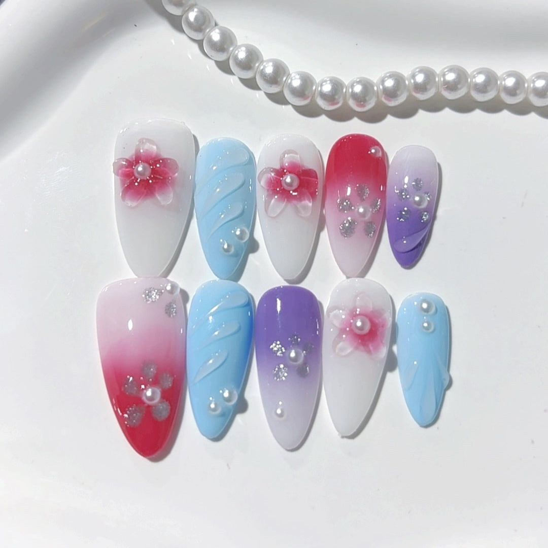 365nails: "Colorful Floral Gradient" – Medium Almond Multicolor Floral Handmade Press-On Nails