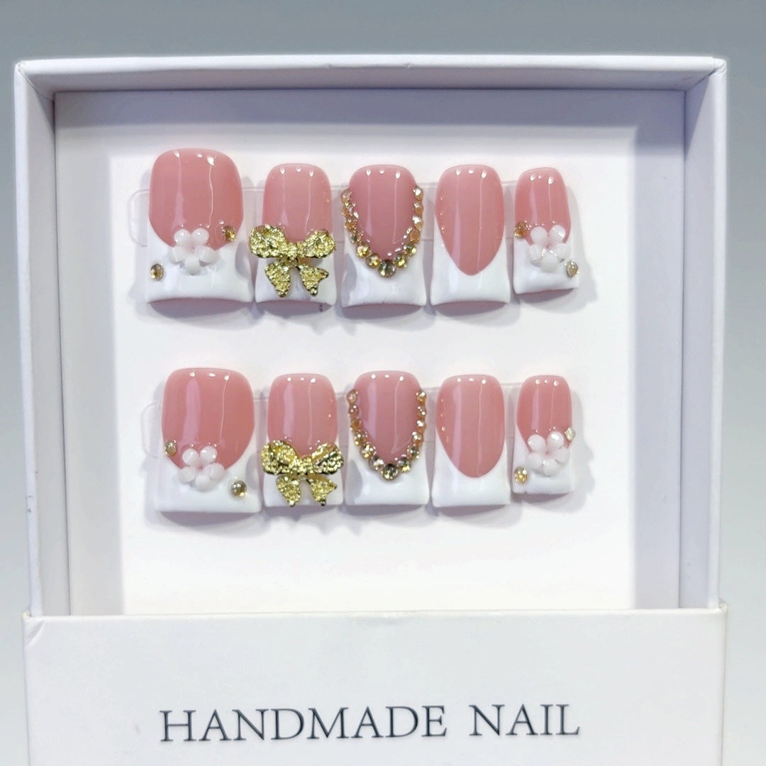 365nails: "Blush Gold Bow" – Short Square Nude-Pink French Gold Handmade Press-On Nails