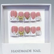 365nails: "Blush Gold Bow" – Short Square Nude-Pink French Gold Handmade Press-On Nails