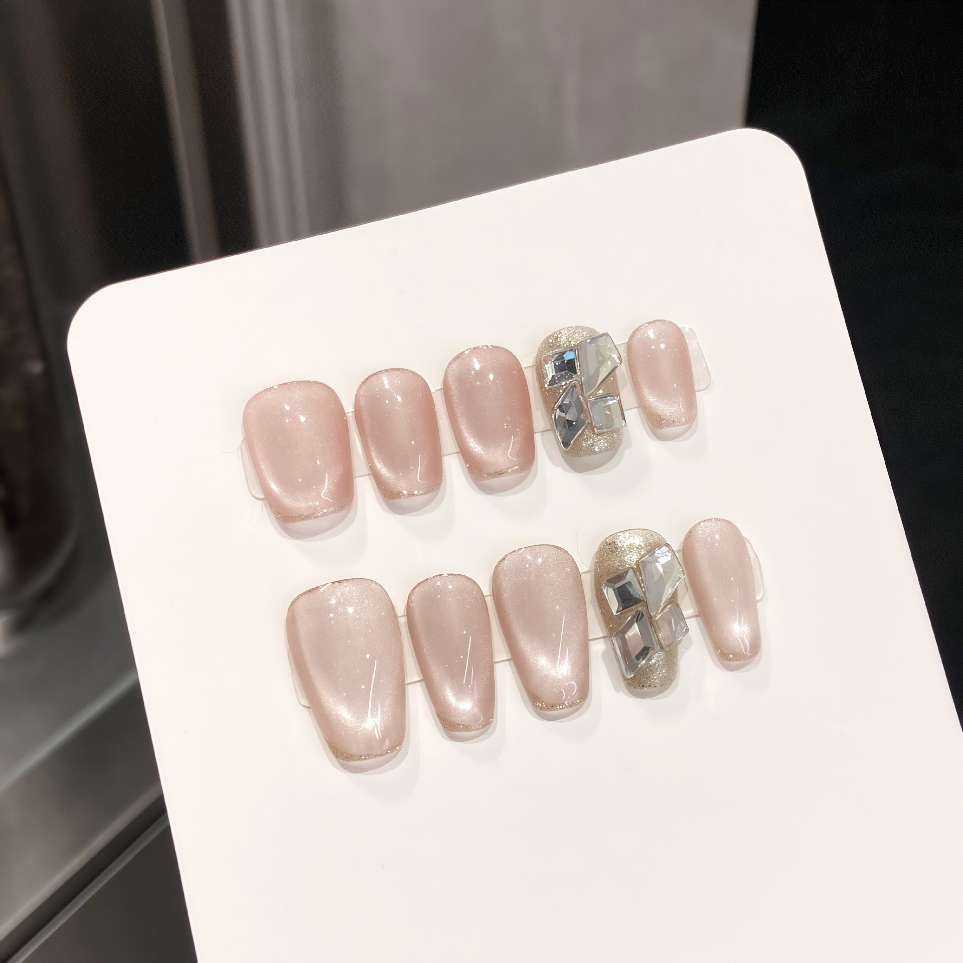 365nails: "Whispering Silk" – Iridescent Cat Eye & Silver Flake Handmade Short Square Nails
