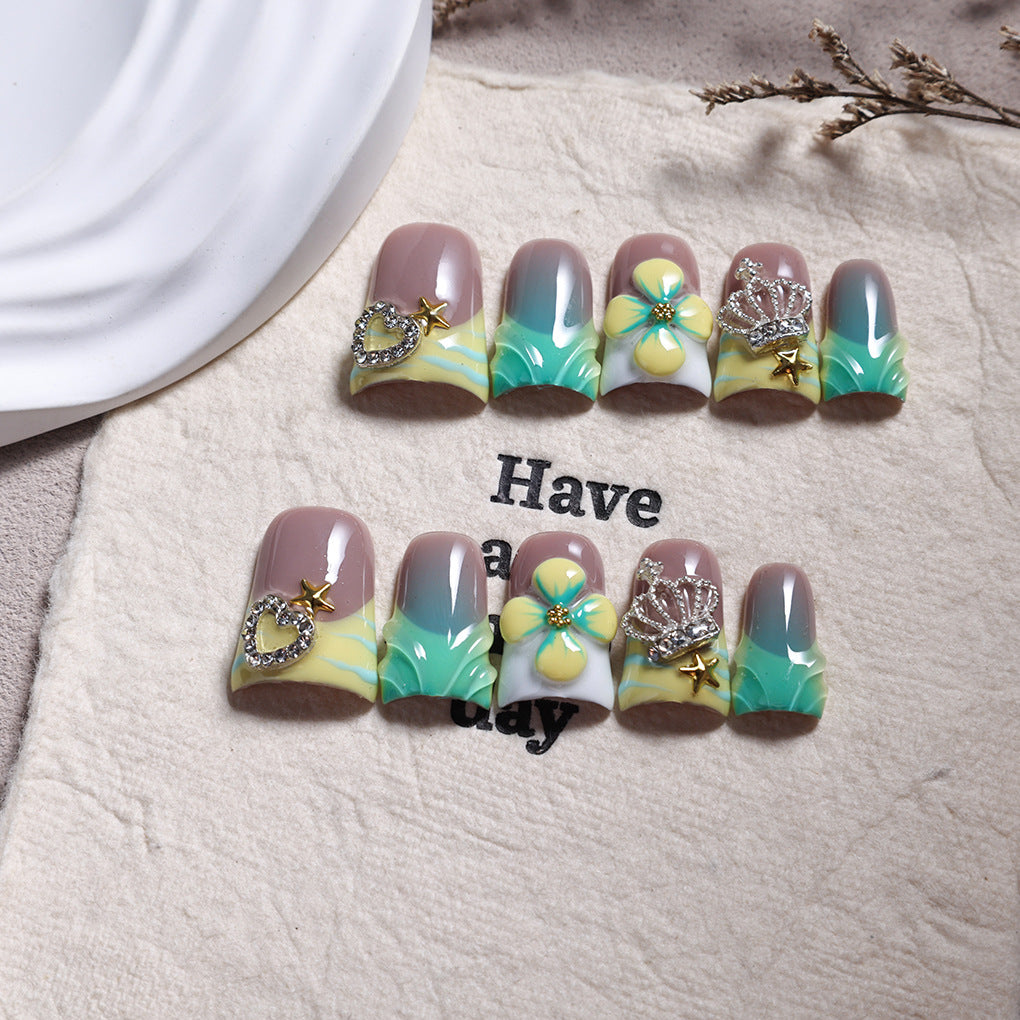 Green Yellow French Nails with Floral and Crown Charms