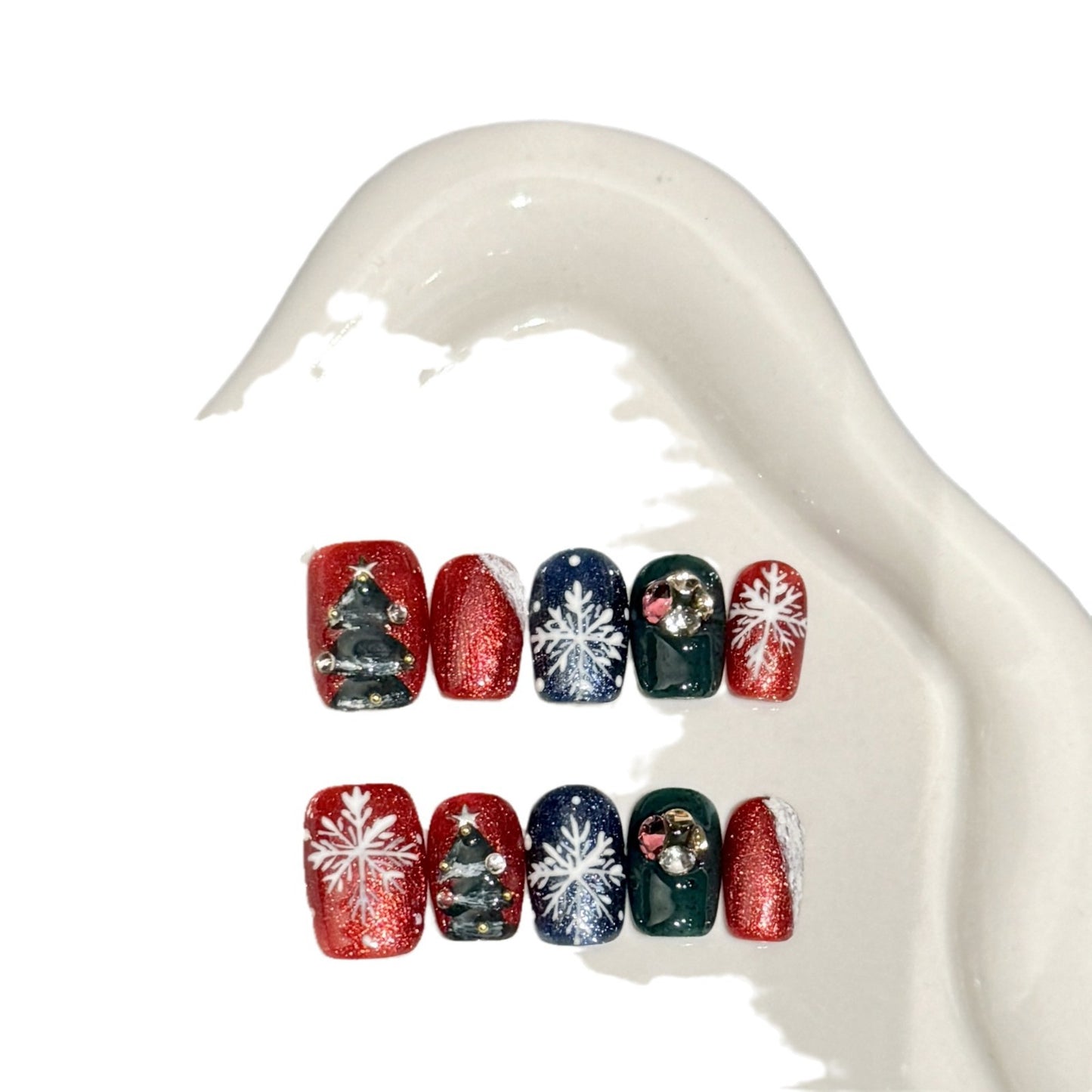 Christmas Tree & Snowflake Press‑On Nails – Red Green Glitter Design