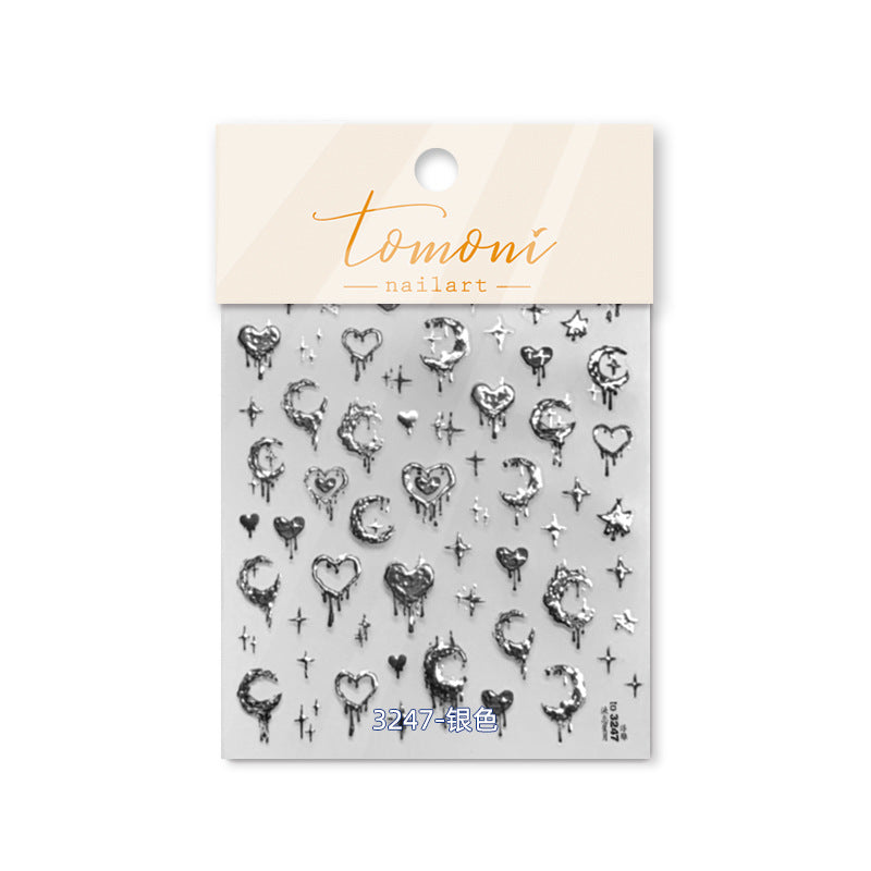 Dripping Heart Collection: "Silver Dripping Heart & Moon" – 3D Embossed Nail Sticker