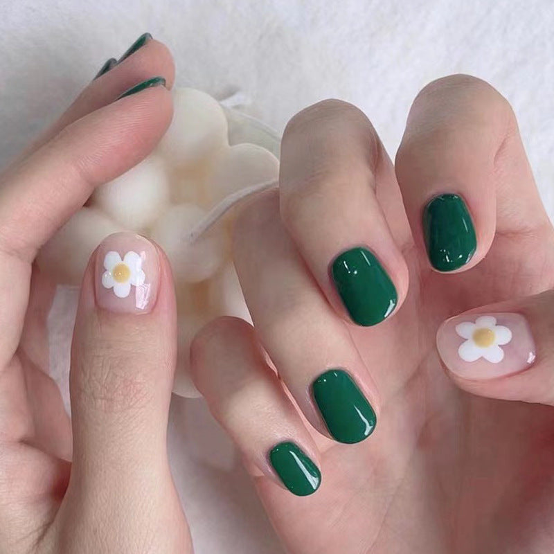 穿戴甲｜簡約清新綠色甲片 白花 可拆卸 成品｜365nails