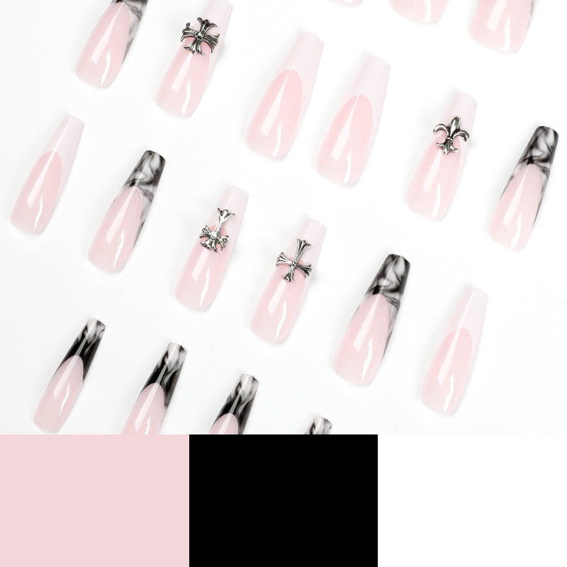 프렌치 블랙·화이트 스머지 크로스 롱 발레리나형 프레스온 네일 조각(도매)｜365nails