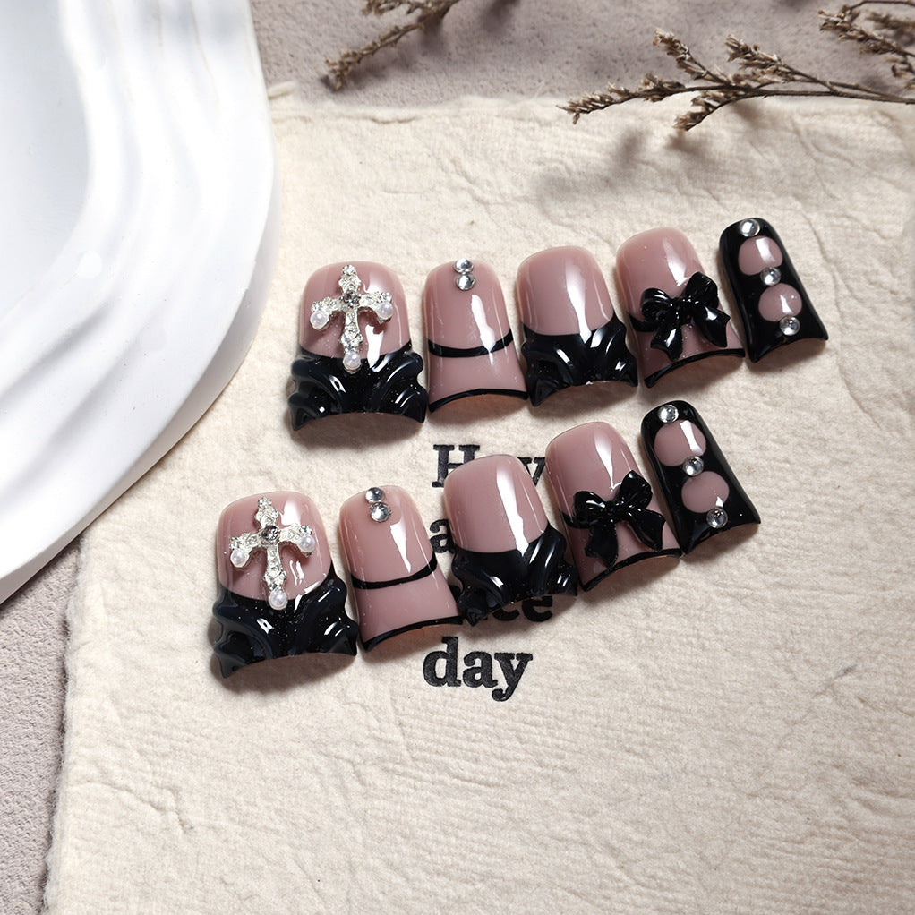 Nude Black French Nails with Cross and Bow Details