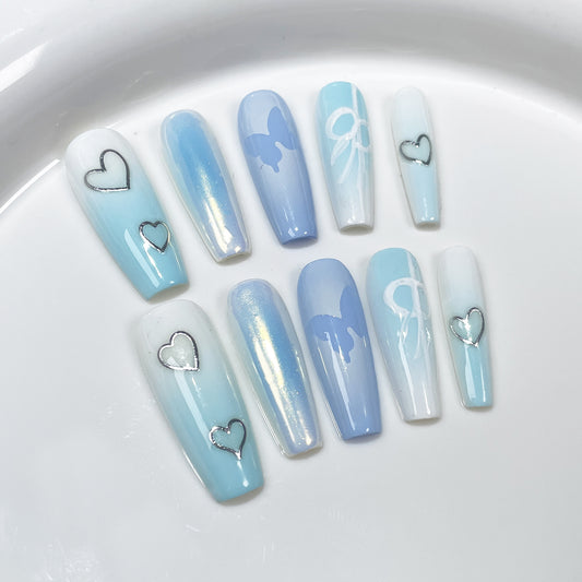 Unhas postiças artesanais, adesivo longo e doce, Pure Desire, borboleta oca, aurora, adesivo usável, atacado ｜ 365 unhas